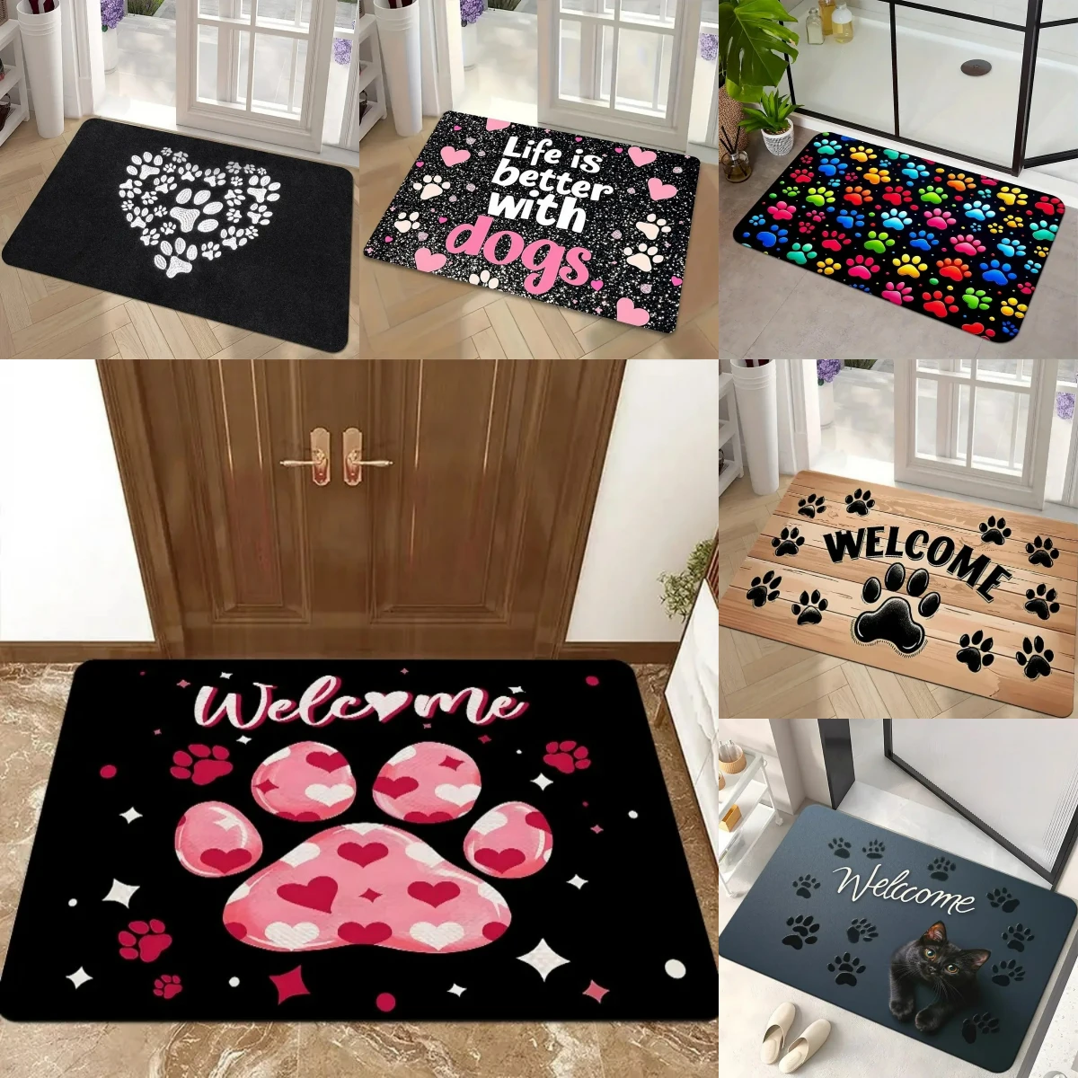 Cute Dog Paw Prints Pattern Printed Entry Doormat Fun Non-Slip Door Mat for Bedroom Living Room Entrance Machine Washable Carpet