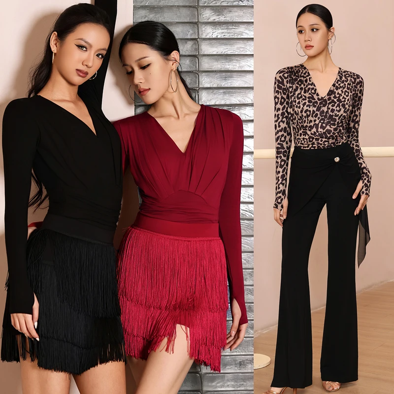 

Черные взрослые соревнования по бальным танцам, подходящие латинские топы с v-образным вырезом для женщин, женские костюмы для латинских танцев ча-ча