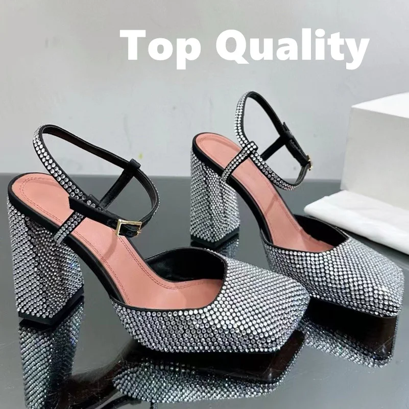 

Women's Wearing sandals with heels Square root Diamond inlay on silk surface Party Shoe Genuine leather sole High Quality