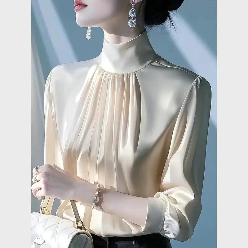 French Brown Satin Shirt Tops for Women's Spring 2025 New High-end Commuter Shirt