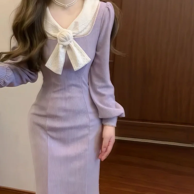 

Women Spring Autumn Winter Graceful Purple Slim Mermaid Dress Lady Peter Pan Collar Bowknot Long Sleeve Dresses New Gown Female