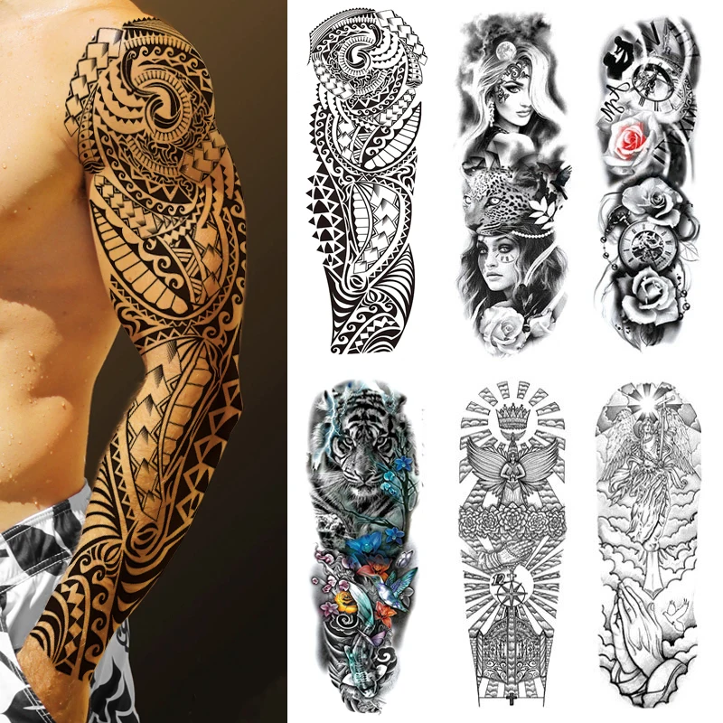 Grote Arm Tattoo Sticker Volledige Mouw Tijdelijke Tatoeages Voor Mannen Vis Wolf Tiger Tattoo Nep Tatoo Voor Vrouwen Waterdichte Body art