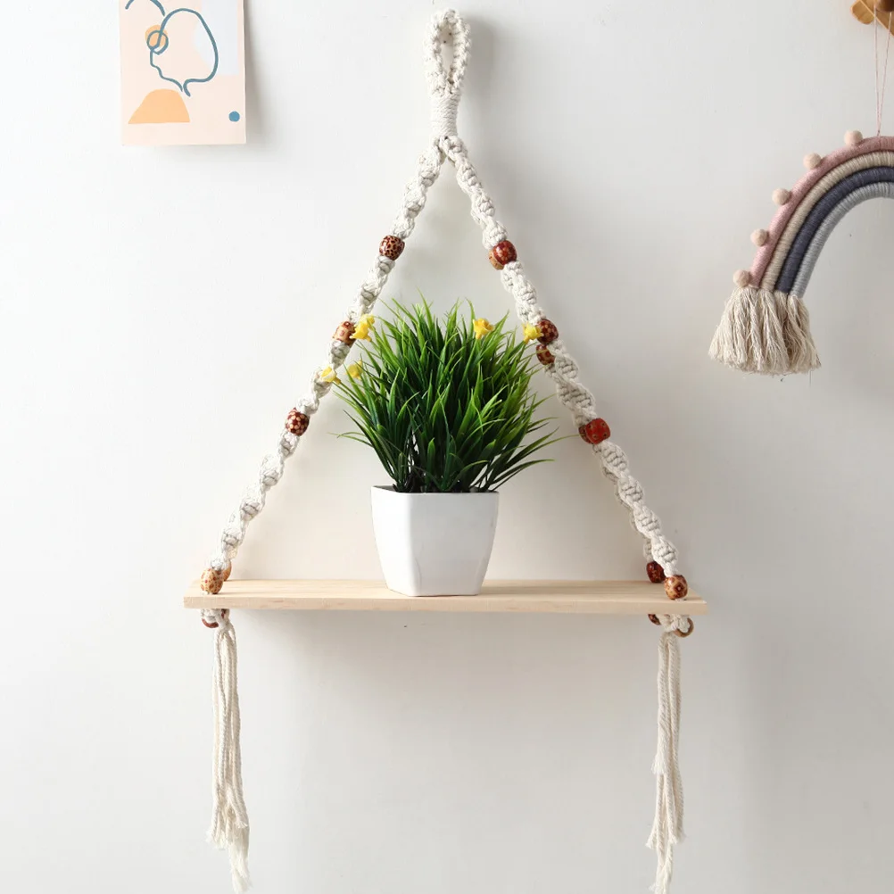 

Cotton Rope Storage Rack Handwoven Wall Decor Shelf Natural Wooden Board Hanging Organizer For Living Room Study Room Home