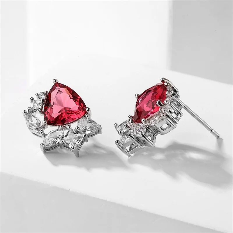 ZAKOL Fashion Geometric Red Zirconia Stud Earrings for Women Shiny CZ Flower Earring Bridal Wedding Party Jewelry