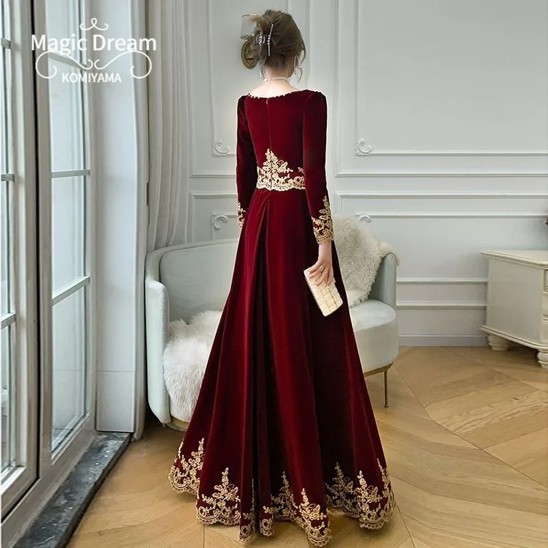 Customized Temperament Elegant Long Sleeve Prom Dresses Formal Slim Waist Banquet Wedding Party Formal Vestidos Square Collar Ev