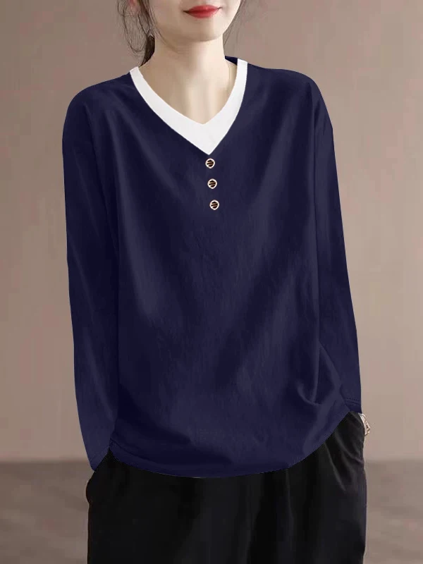 

Новая женская хлопковая футболка оверсайз 2025 года, повседневная, с длинным рукавом, V-образным вырезом, базовая модель, больших размеров, удобная, мягкая, в корейском стиле