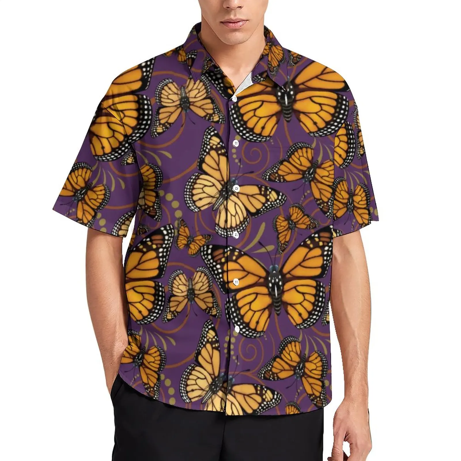 Monarch Butterfly Blouses Men Orange Animal Print Casual Shirts Summer Short Sleeve Graphic Trendy Oversize Beach Shirt Gift