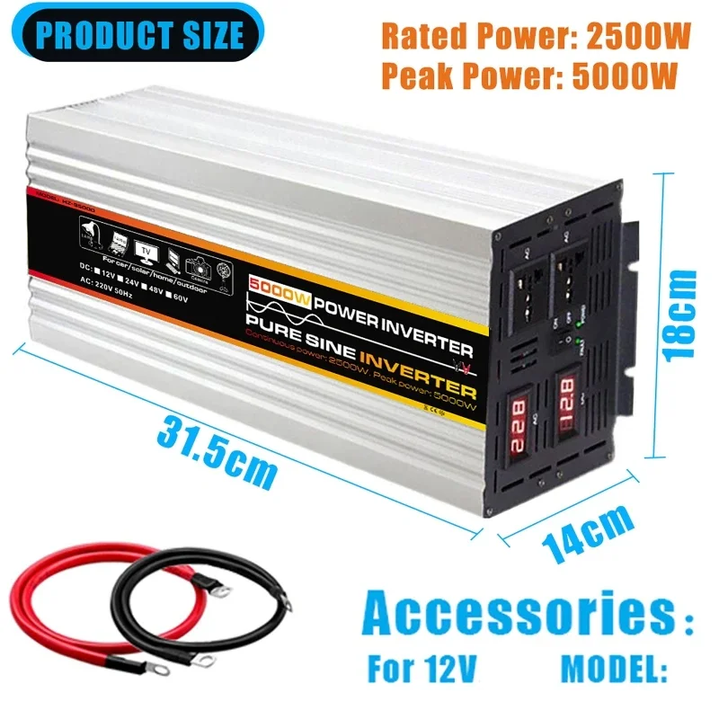 Pure Sine Wave Inverter DC12V to 220V 3000/4000/5000W Voltage Transformer Power Converter Solar Inverter LED Display for Outdoor