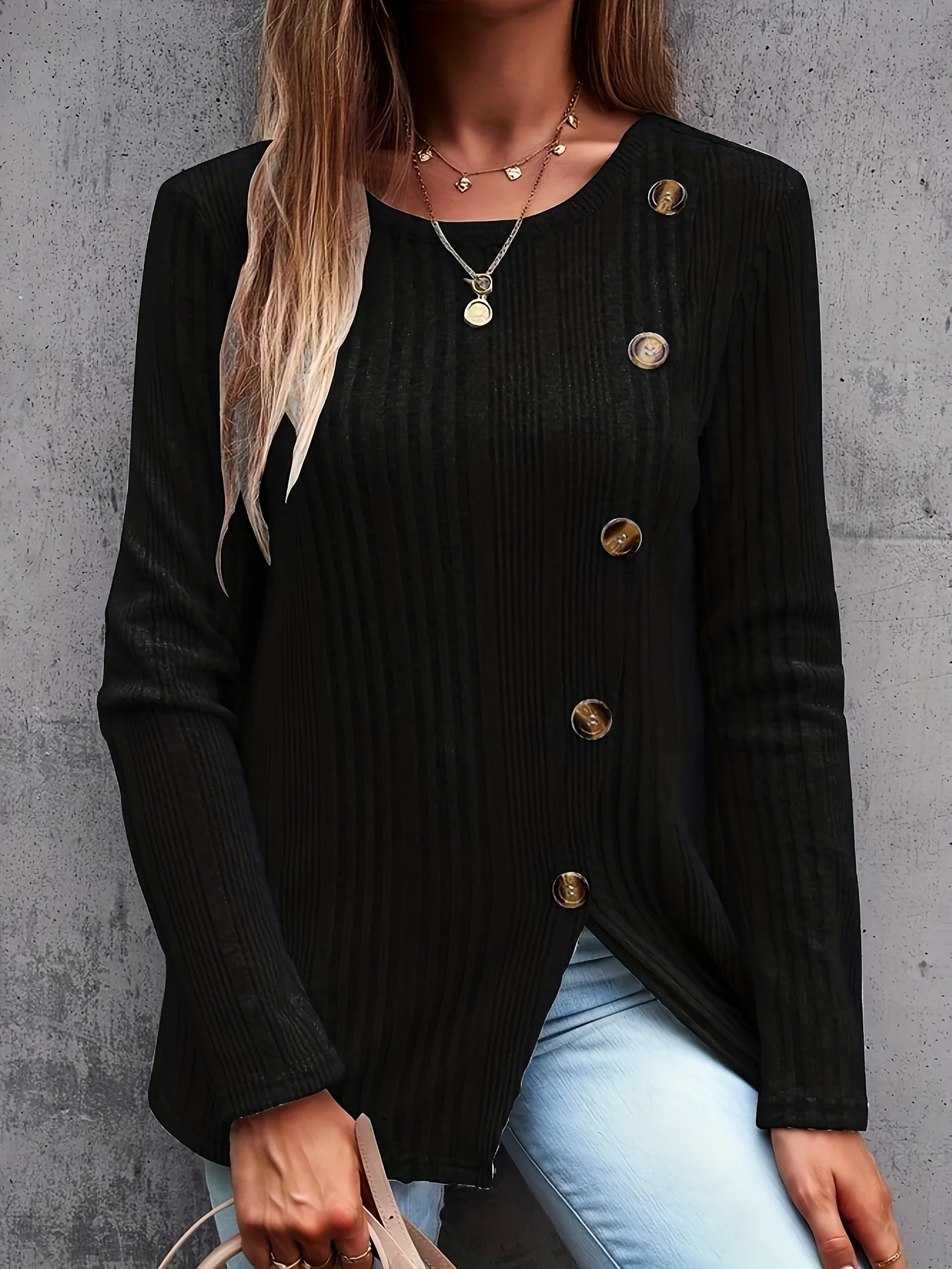 Plus Size Women Ribbed Knit Top, Elastic Long Sleeve Round Neck Tunic with Decorative Buttons Casual Ladies Blouse image 5