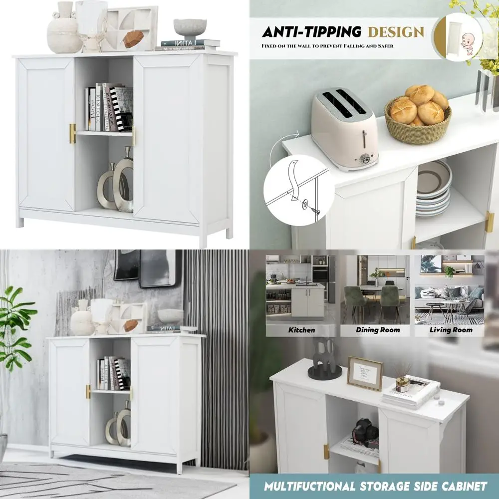 

Modern White Storage Sideboard with Doors for Entryway and Buffet Use