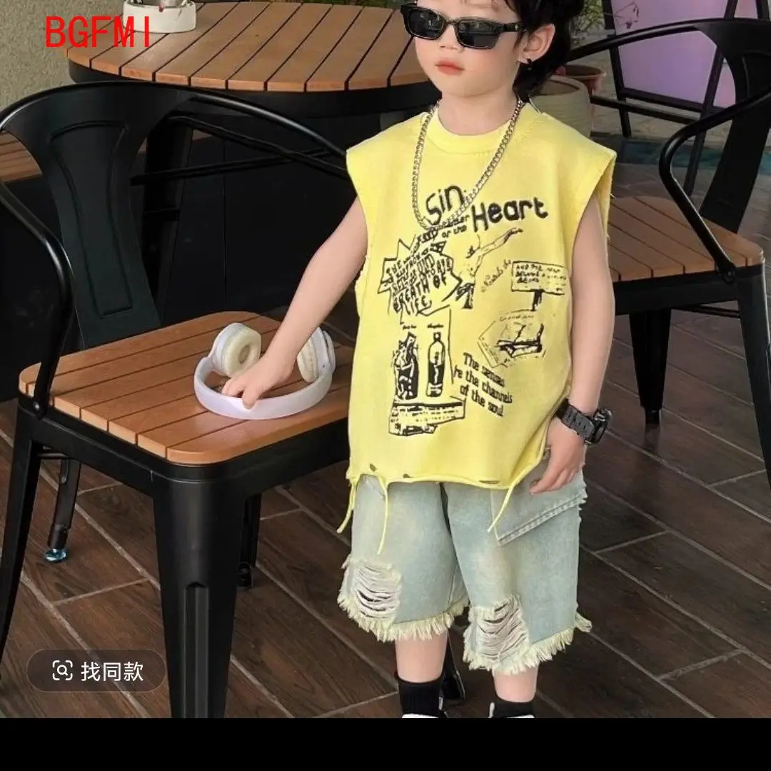 2026 Kids Boys Letter Printed Tank Top 2-piece Set Korean Summer New Loose Children's Sleeveless T-shirt Ripped Denim Shorts