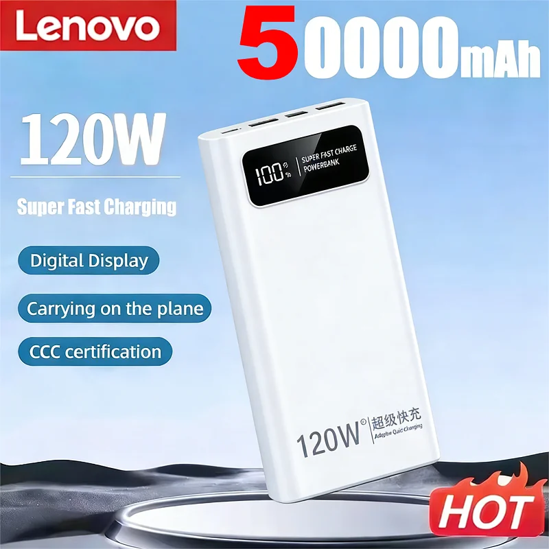 Lenovo Powerbank 200000mah 120w Carga súper rápida Pantalla digital LED de gran capacidad Batería externa portátil para todos los modelos