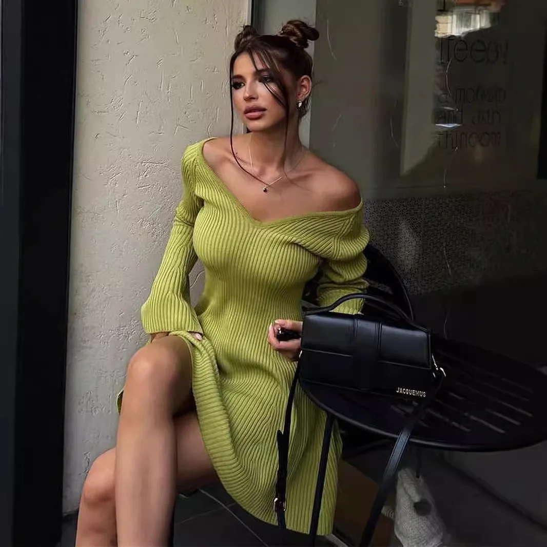 New Sexy Knit Mini Dress For Women Autumn Off-the-shoulder Long Sleeves Sheath Dress Club Elegant Bodycon Party Dresses Female