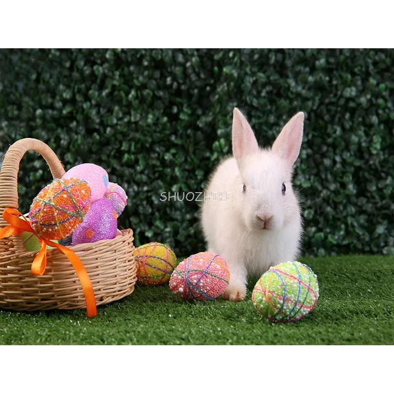 SHUOZHIKE Colorful Easter Scene Background Spring Eggs And The Cute Rabbits On The Grass Photography Backdrops Props FE-05