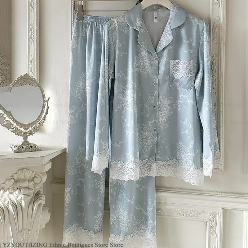 

Silky Rayon Long Sleeve Pajamas Trouser Suits Print Flower Lace Sleepwear Lounge Wear Spring Autumn New Nightwear Loose Homewear