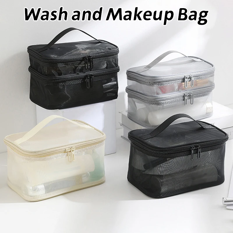Travel Mesh Wash Storage Bag Makeup Organizer Cosmetics Make Up Skincare Box Plastic Container Handbag For Women Men Bathroom