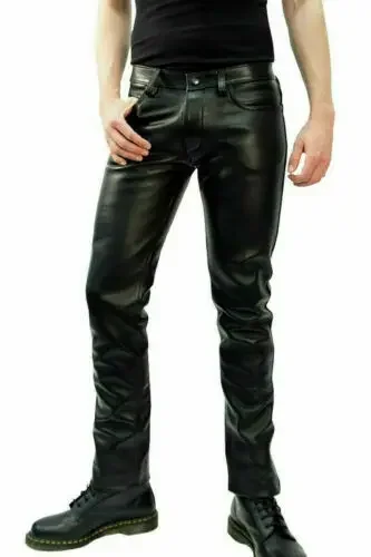 Mens Skinny Biker Leather Pants Fashion Faux Leather Motorcycle Trousers For Male Stage Club Wear