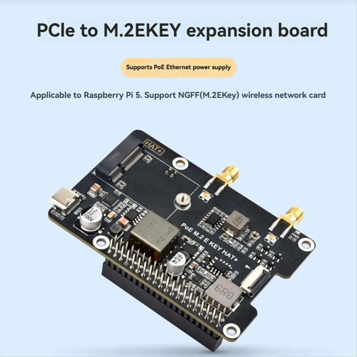 N86R For 5 PCIe to M.2 E KEY with PoE HAT+ Supports NGFF Wireless Network Card/Bluetooth for RPI 5