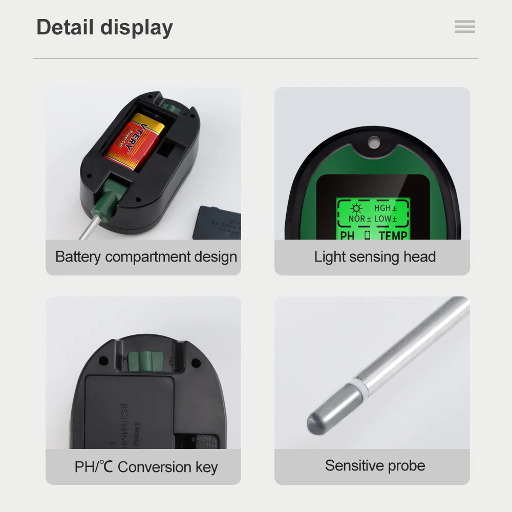 Medidor de suelo 5 en 1 para el hogar, higrómetro, termómetro, humedad, acidez, PH, Analizador de iluminancia, Sensor de prueba de suelo
