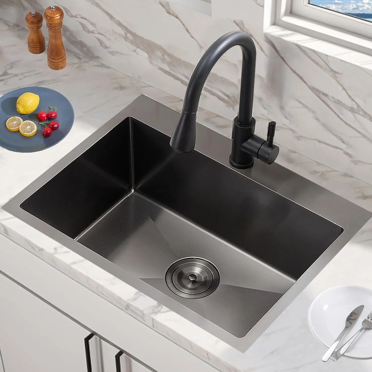 22x18 بوصة جونميتال الأسود قطرة في بالوعة المطبخ 16 مقياس الفولاذ المقاوم للصدأ Topmount لبار المطبخ RV الصغيرة وعاء واحد بالوعة الرطبة