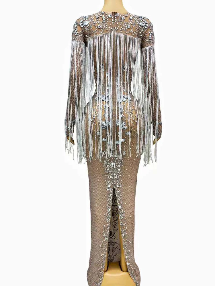 Sparkling Crystal See Through Elastic Mesh Tassels Dress for Women Evening Prom Party Celebration Outfit Photo Stage Costume