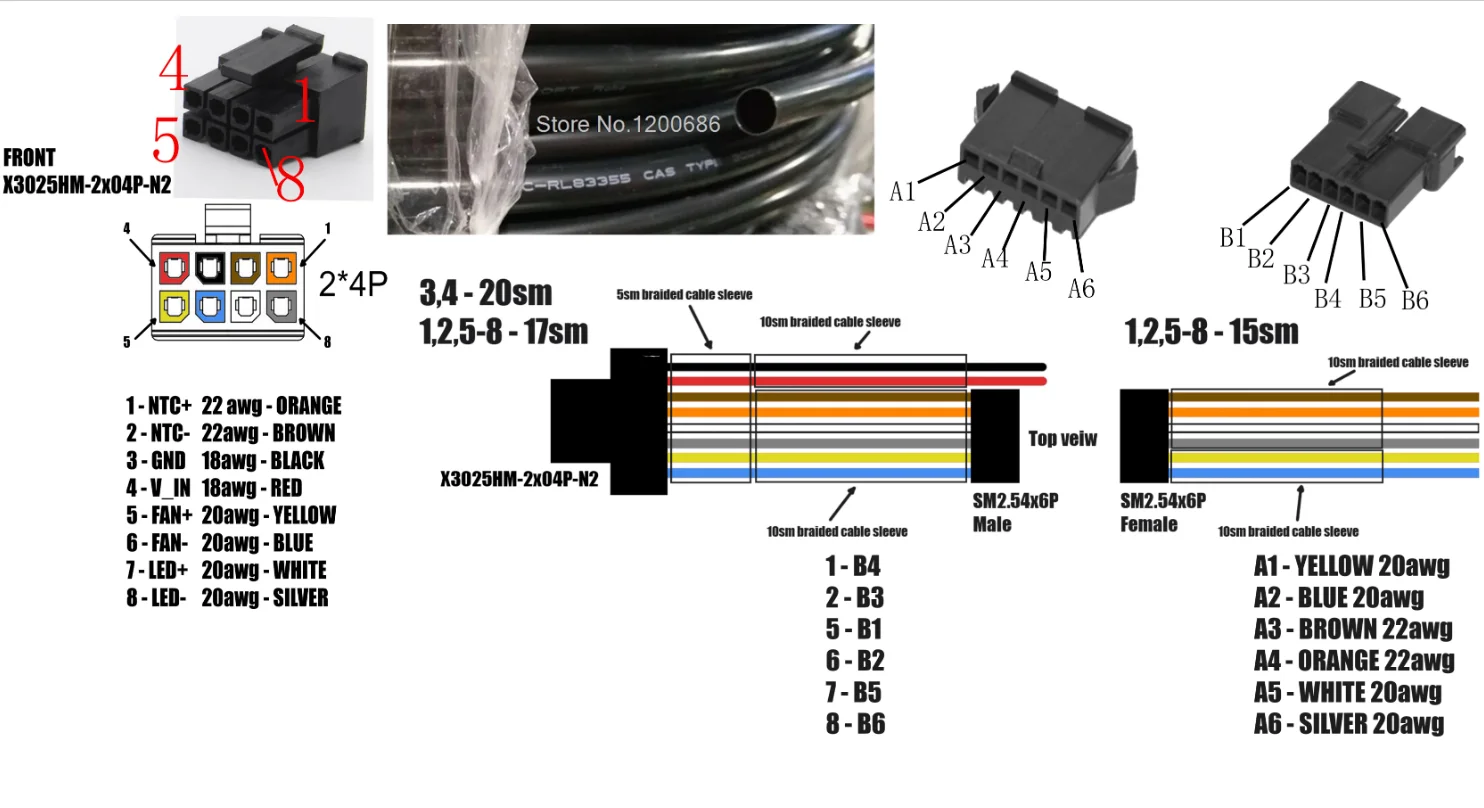 

20CM 20AWG 43025-0808 43025-0800 8 Pin Micro-fit 3.0 Female SM2.54 Connector With PVC Cable Sleeving Cover