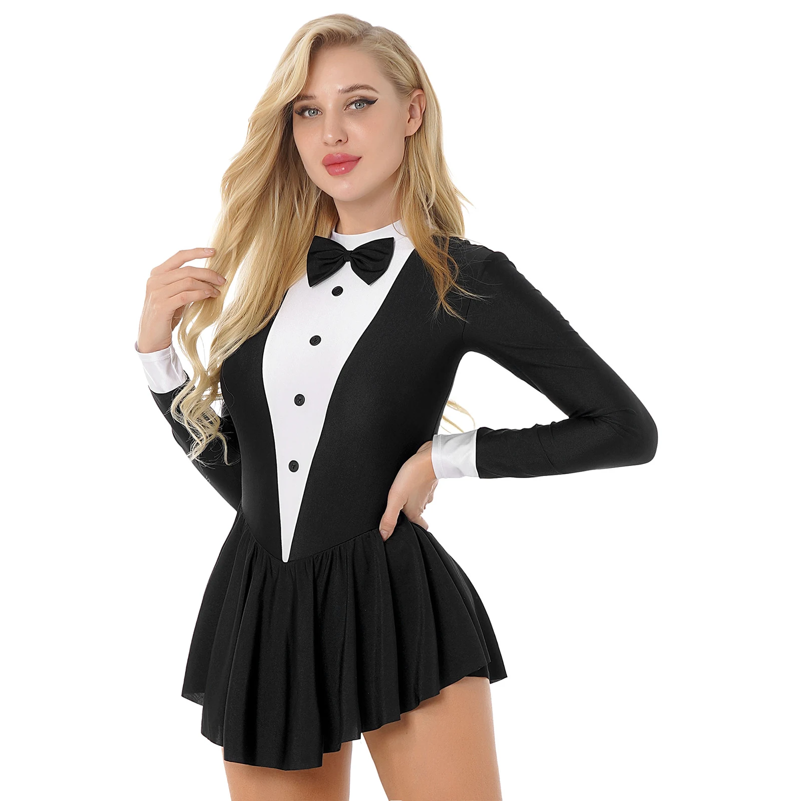 

Womens Tuxedo Bow Tie Collar Modern Dance Costume Long Sleeve Latin Jazz Ballet Competition Performance Dress Leotard Dancewear