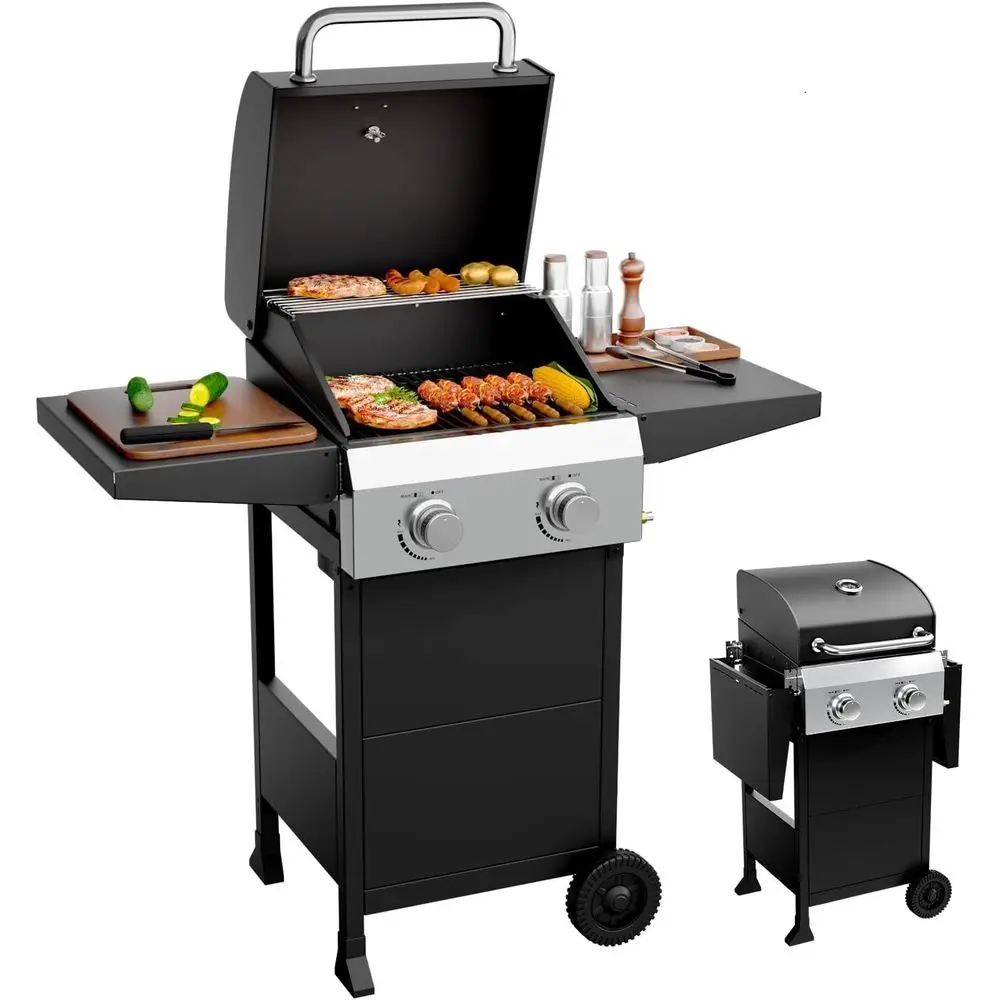

Портативный газовый гриль с эмалированными чугунными решетками, 24 000 BTU, пропан, боковая полка и шкафчик, для патио и сада