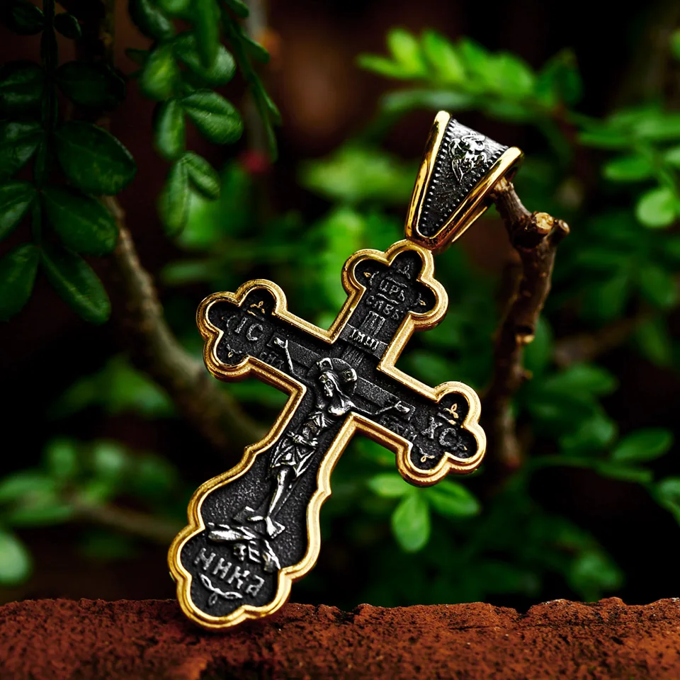 BEIER 2023 New Updated Design 316L Stainless Steel Cross Jesus Pendant Catholicism Christian Jewelry Gold Color Men\'s Pendant