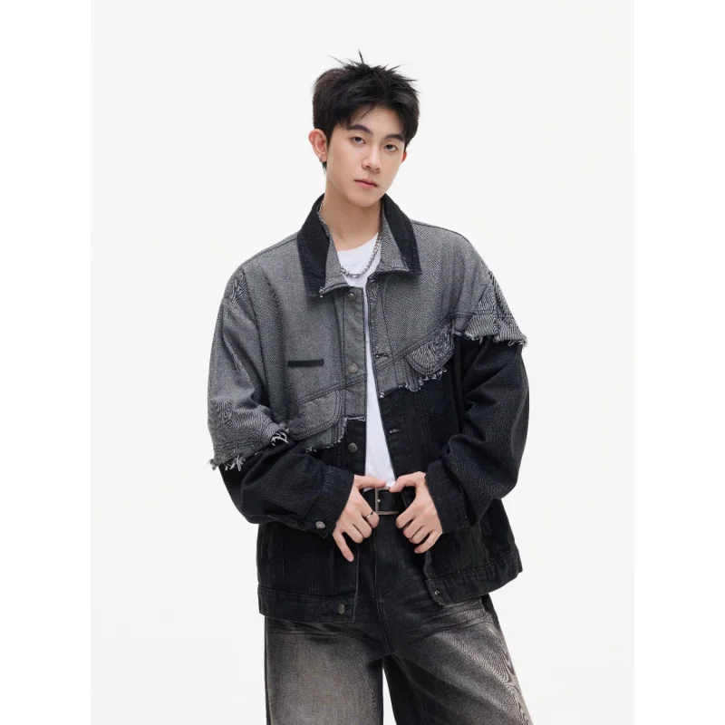 GIOIO 남성 데님 재킷, 2025 봄 가을 신상 패치워크 워싱 빈티지 루즈 캐주얼 남성 데님 재킷