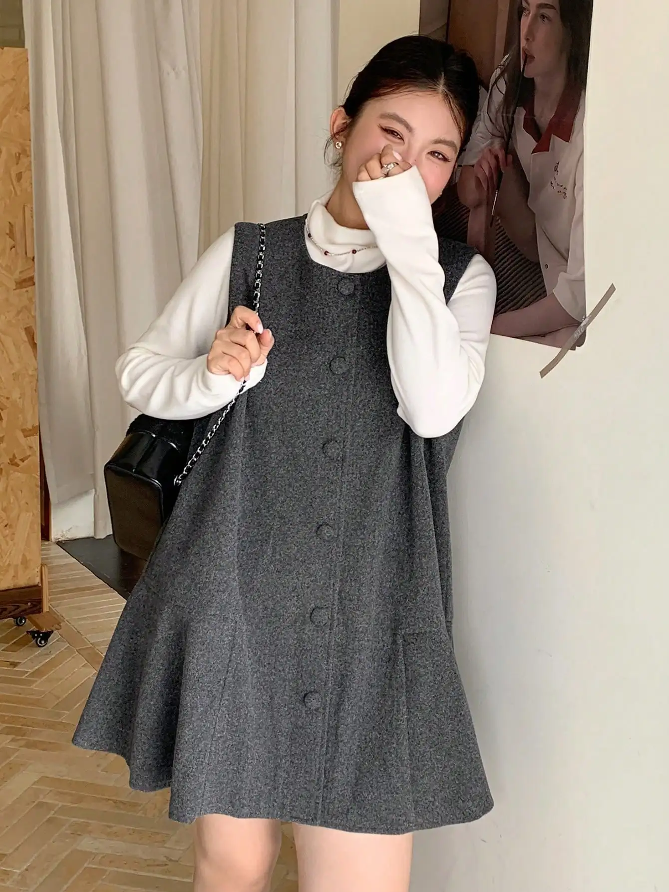

Gray Woolen Sleeveless Button-Front A-Line Mini Dress with Turtleneck Layer