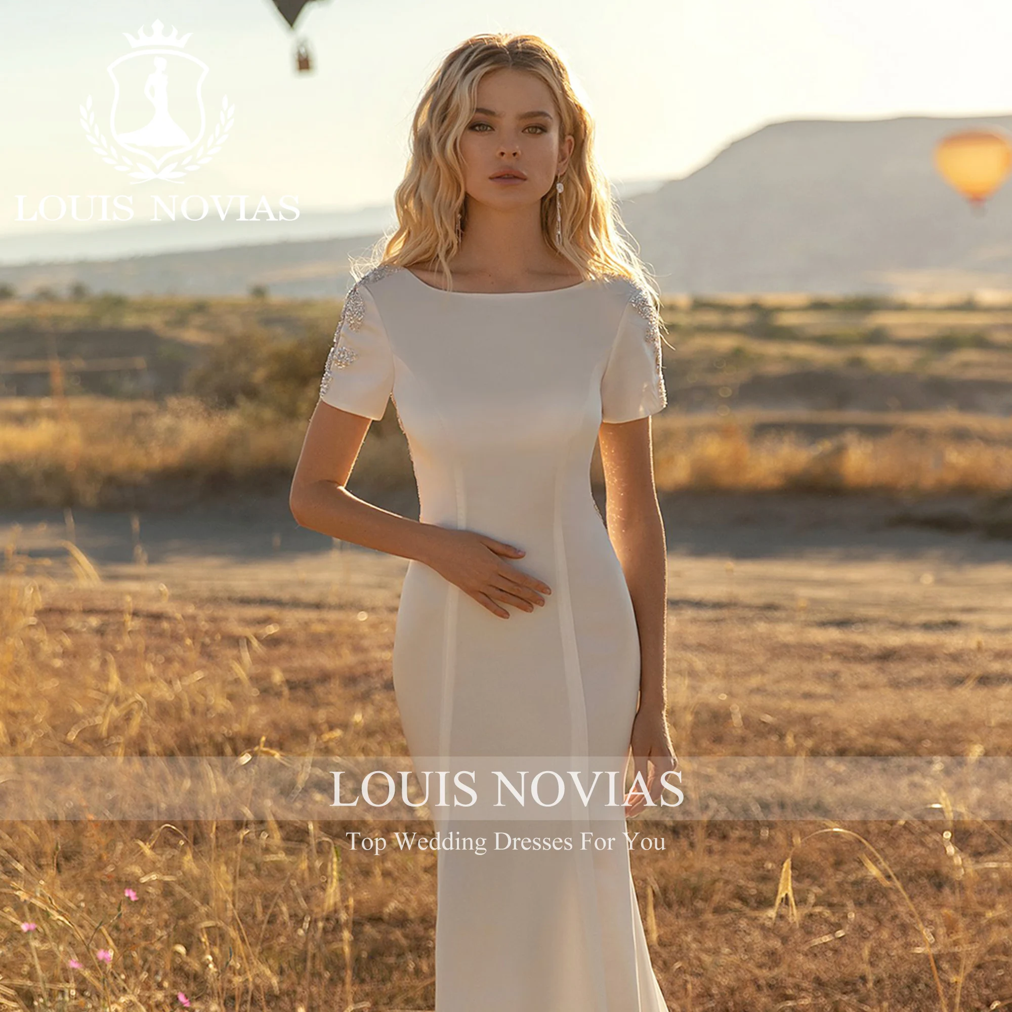 LOUIS NOVIAS Vestido De novia De sirena De manga corta De alta calidad SCOOP sin espalda apliques vestido De novia Vestidos Novias De Saten