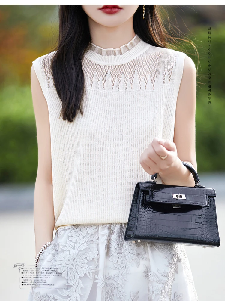 

Spring Summer New Sle Women's Knitted Hollow out Lace Collar Vest Soft Regular Fit Thin round Ne Svel T-irt