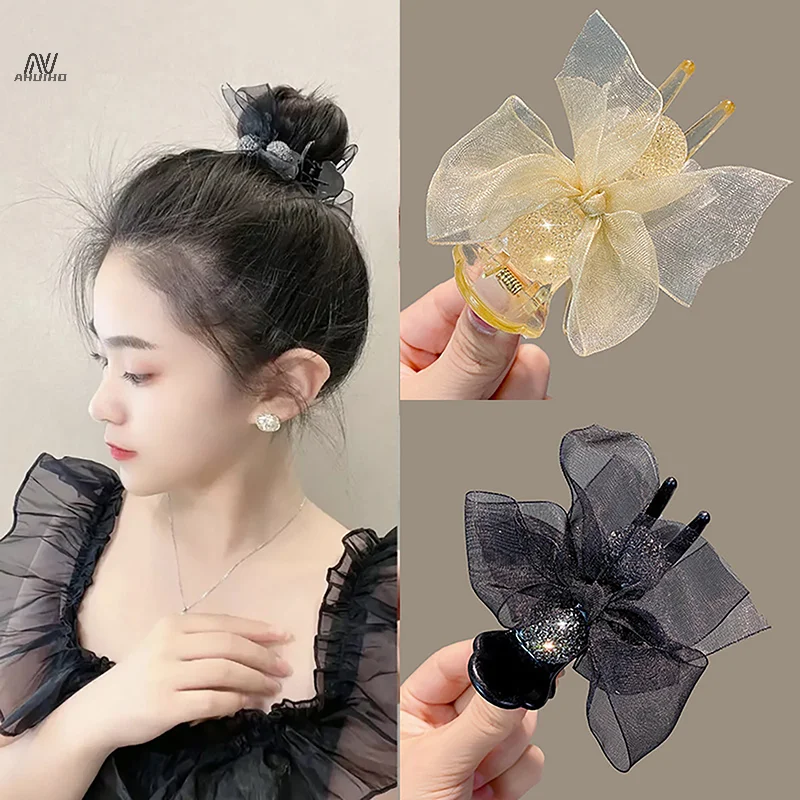 Pinzas para el pelo con lazo de diamantes de imitación para mujer, horquilla de bola de cristal, cabeza de albóndiga, herramientas de peinado del cabello fijas, accesorios para el cabello, Clip de cola de caballo