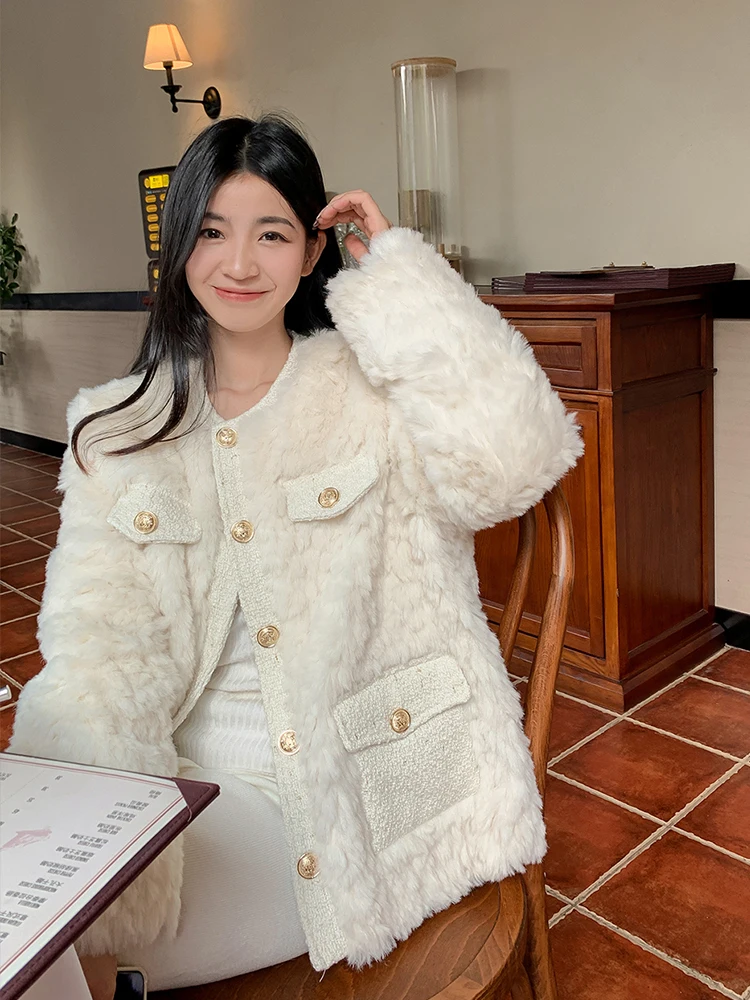 Women's Faux Lamb Wool Jacket Autumn Winter Round Neck Beige Fleece Jackets Korean Casual Fashion Plush Female Commuting Coat