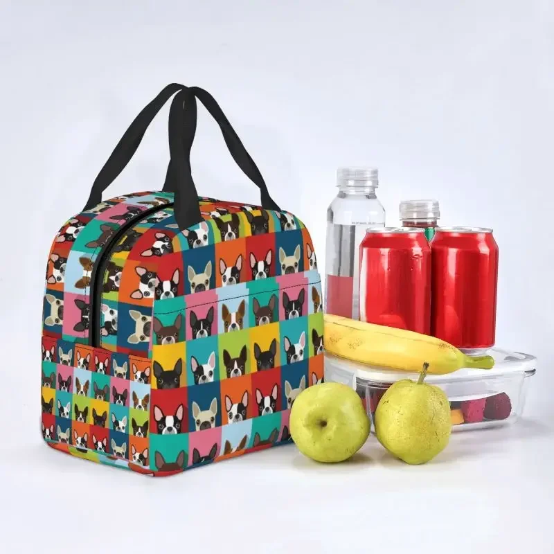 Boston Terrier Pop Art Pattern Portable Lunch Box Cartoon Dog Pattern Cooler Thermal Food Insulated Lunch Bag Kids Children