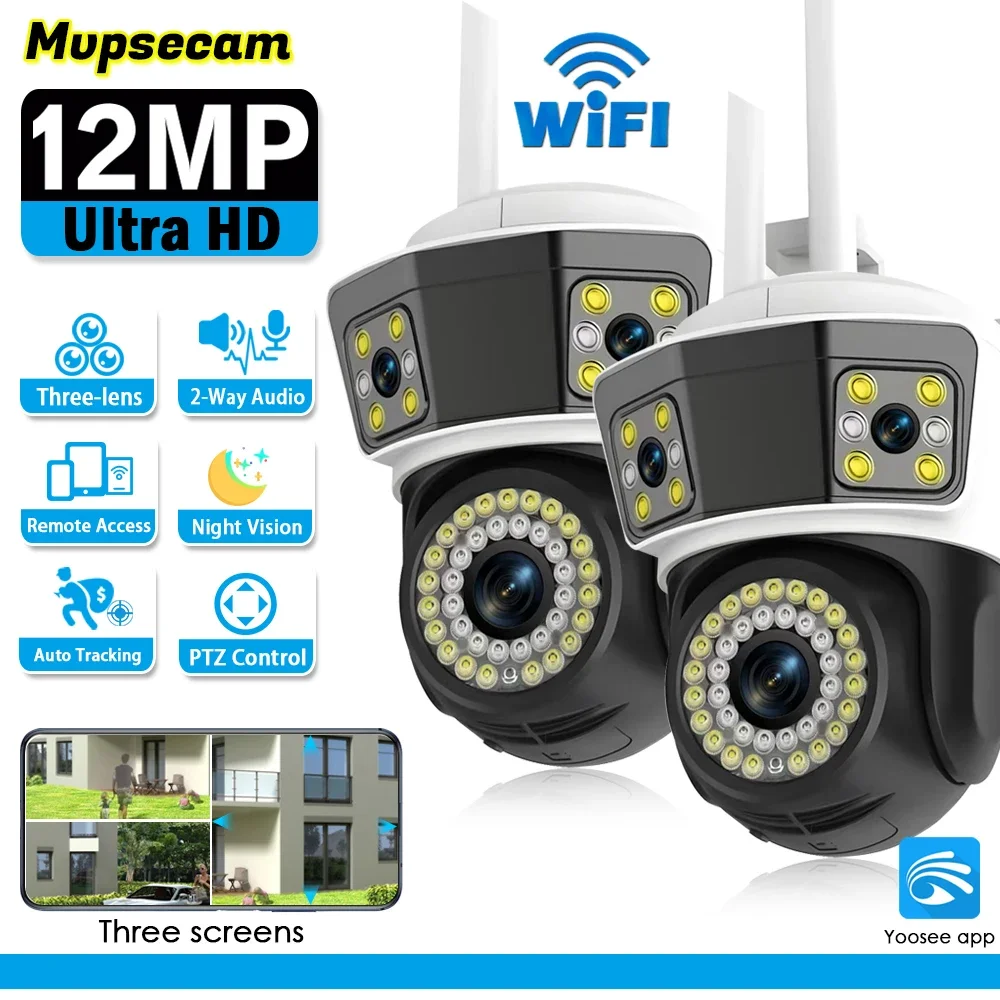 Cámara de seguridad inalámbrica para exteriores, dispositivo de Videovigilancia IP con WIFI, 3 lentes, 6K, PTZ, 12MP, app Yoosee