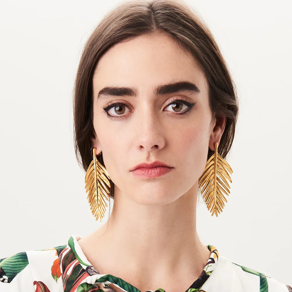 Classic Jewelry Accessories Autumn Irregular Long Metal Textured Silver Gold Color Areca Palm Leaf Earrings for Women