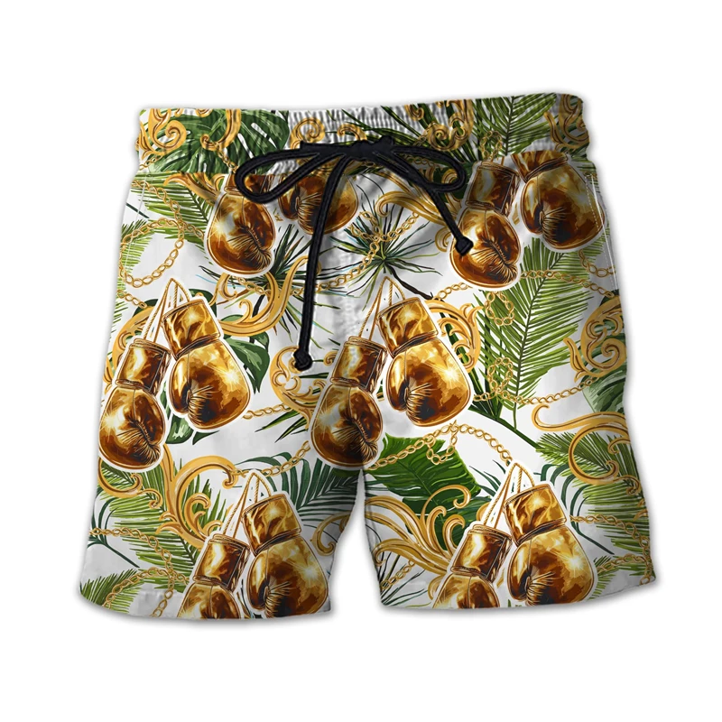 Vintage Boxing Pattern Men's Beach Shorts 3d Printing Boxing Glove Drawstring Short Pants Summer Quick Dry Swimming Trunks