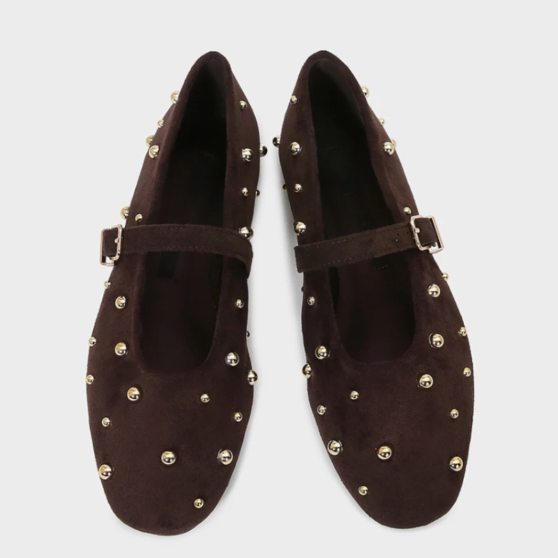 Round Toe Rivets Women Mary Jane Shoes Brown Faux Suede Metal Belt Non-slip Soft Sole Retron Design 2025 Spring Ladies Flats