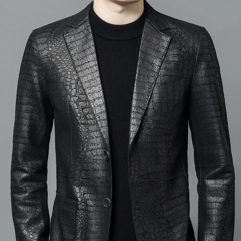 

Genuine Leather Sheepskin Suit Collar Crocodile Pattern Jacket, Premium Men's Genuine Leather Leather Suit Collar Casual Jacket