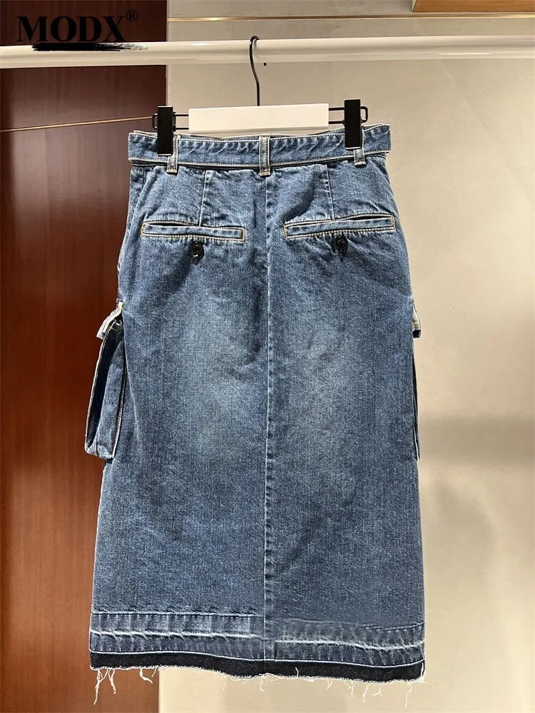 [MODX] I denim 2025 spring/summer new slim fit waist belt design workwear pocket casual skirt