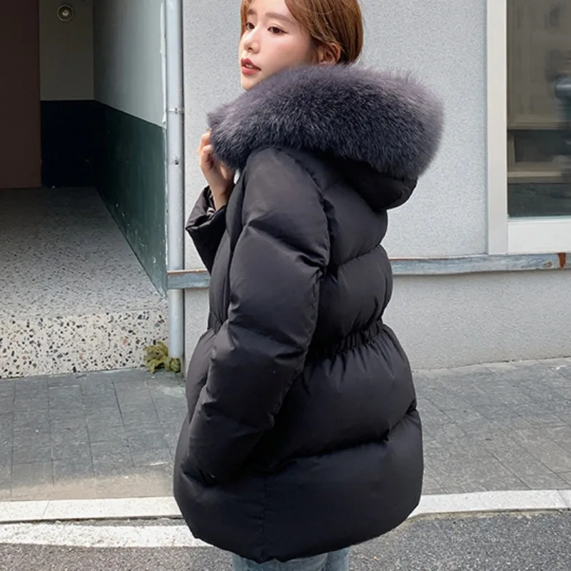 2023 Women Hooded Imitation Fox Fur Collar Puffer Coat Light Warm Waterproof Parkas Winter Female White Duck Down Casual Jacket