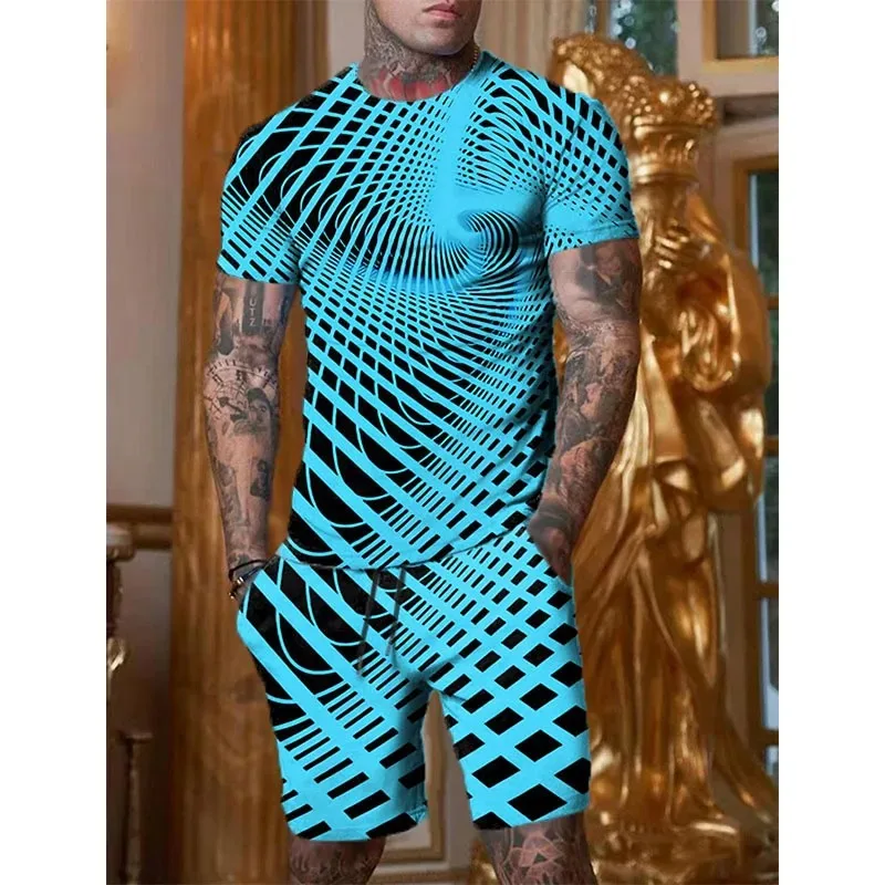 2025 Fun 3D Optical Stripe Printed Men's Summer Casual Round Neck Short-sleeved Shirt and Shorts Street Hip-hop Style Set