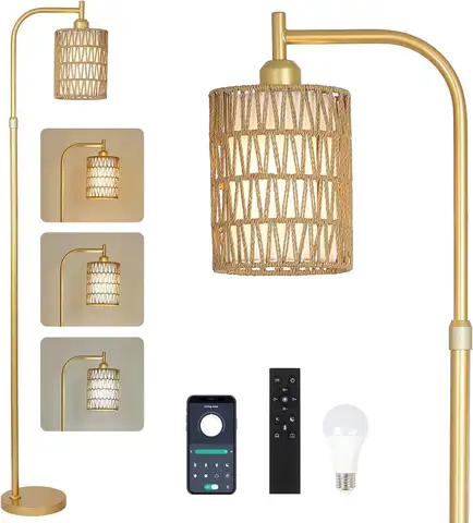 Modern Gold Floor Lamp, Boho Rattan with Remote & Dimmable LED, Farmhouse Standing Lamp for Living Room, Bedroom, Office