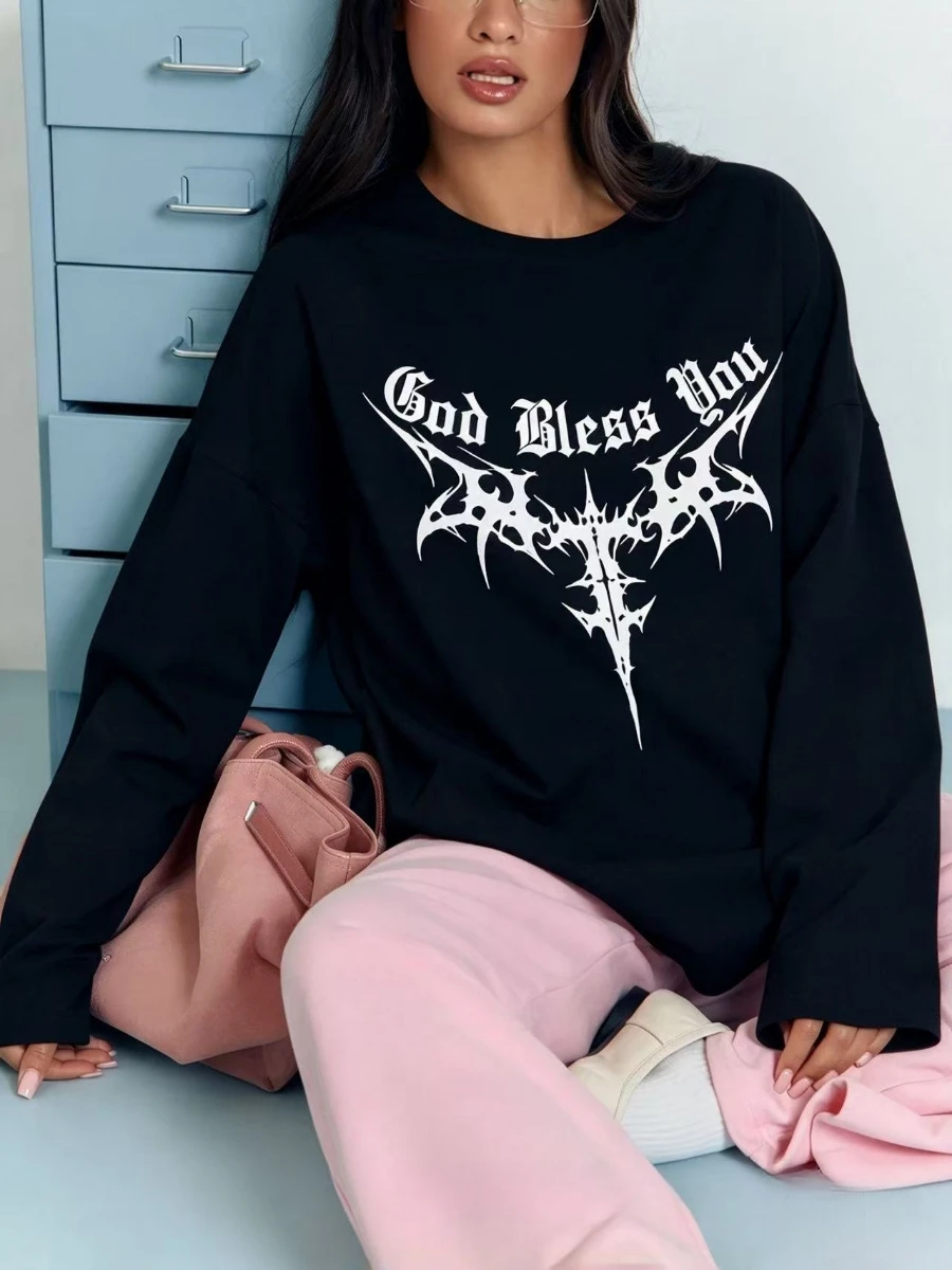 Retro Gothic God Bless You Letter Print Long Sleeve Women T Shirt 100% Cotton American Style Loose Casual Chic Autumn Top