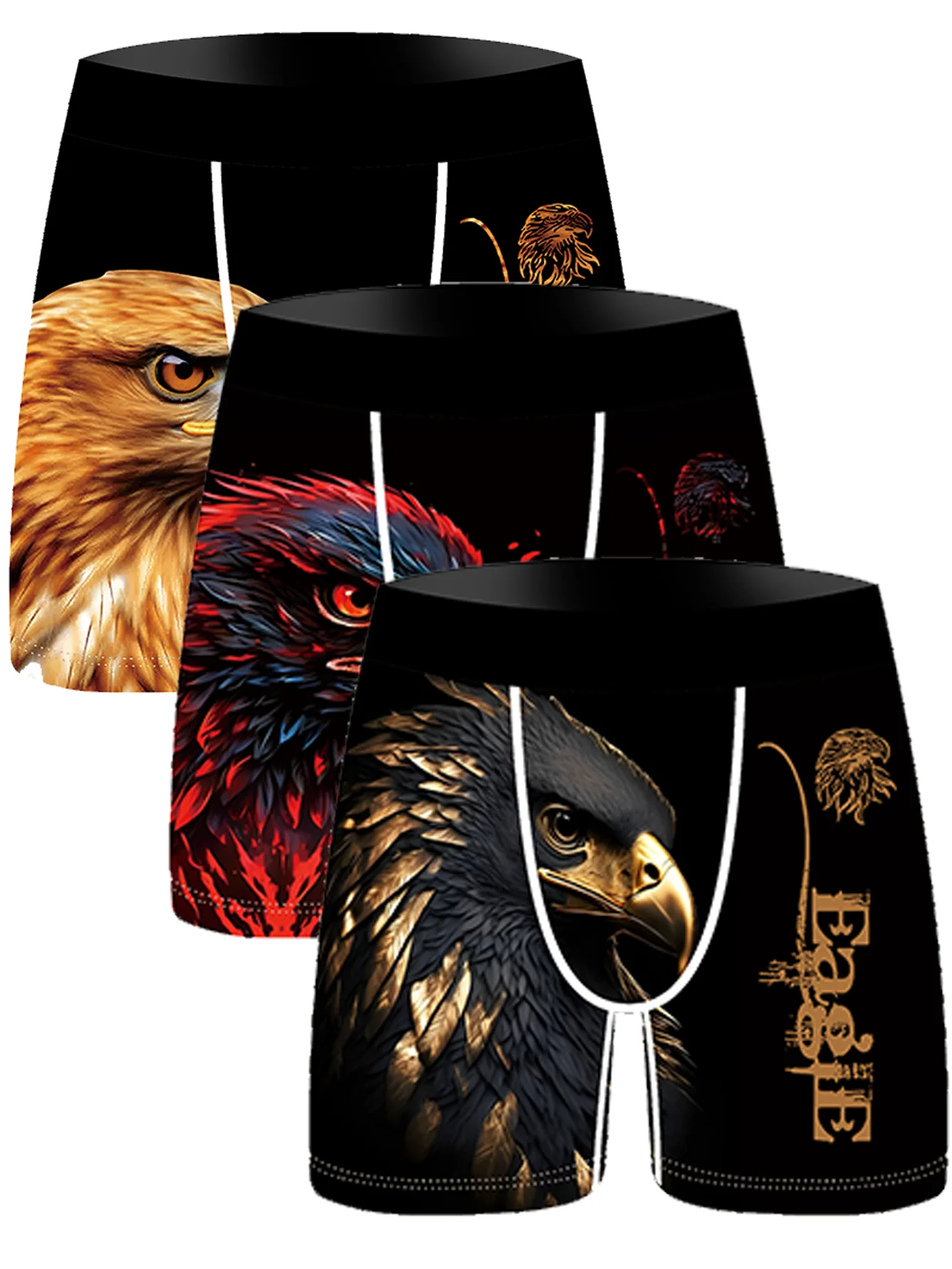 3Pcs Men's Eagle Print Boxer Briefs, Cool Animal Novelty Underwear, Comfort Casual Shorts