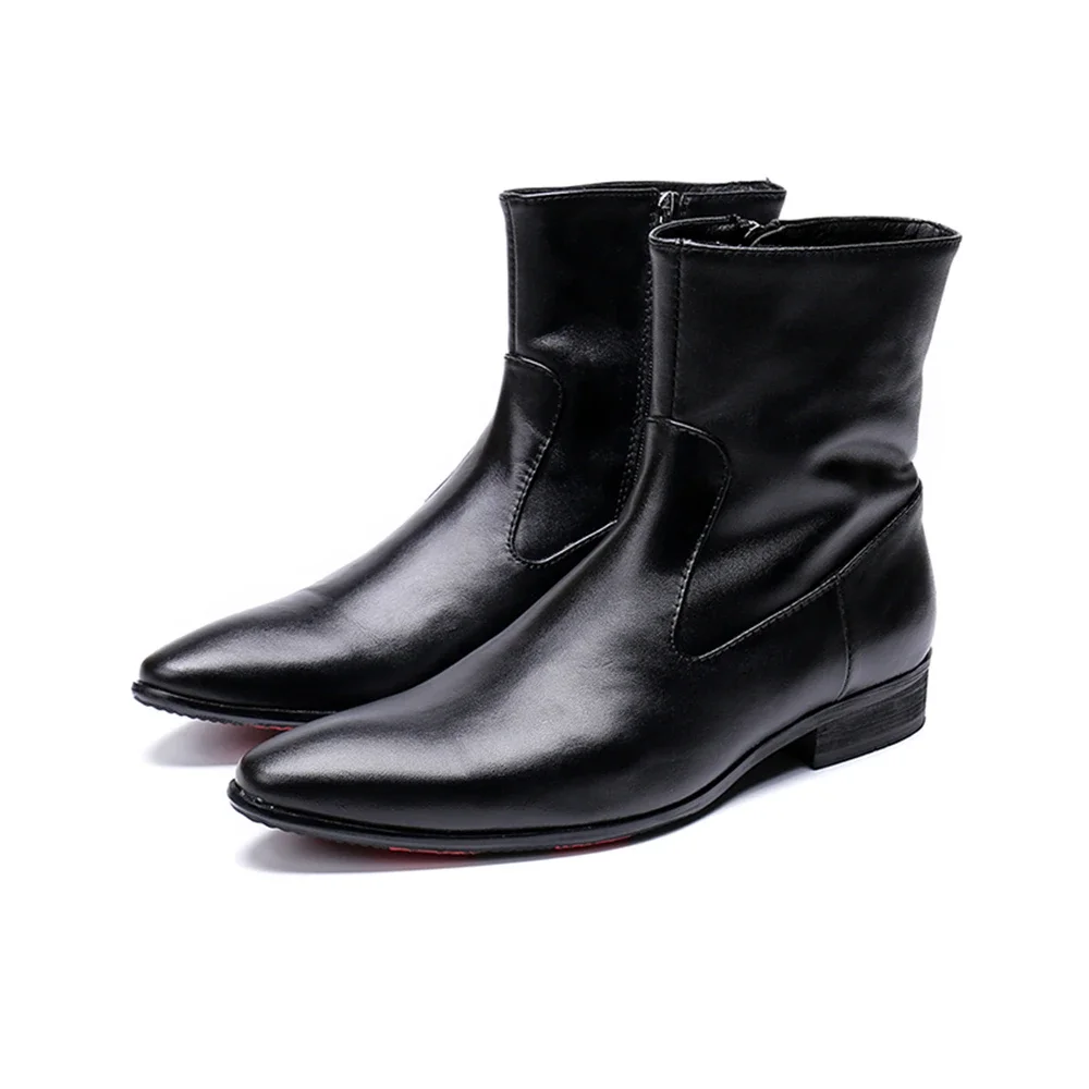 Black Zipper Genuine Leather High Heels Pointed Toe Boots Male Plus Size British Style Party Business For Men Dress Shoes