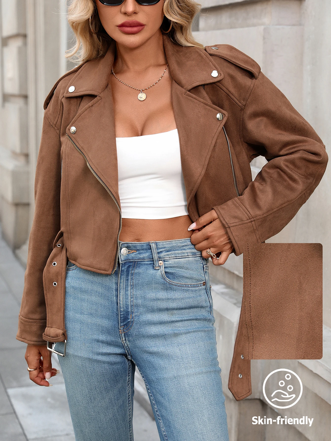 Damen-Jacke aus Wildlederimitat, veganer, kurz geschnittener Motorrad-Biker-Mantel mit Gürtel