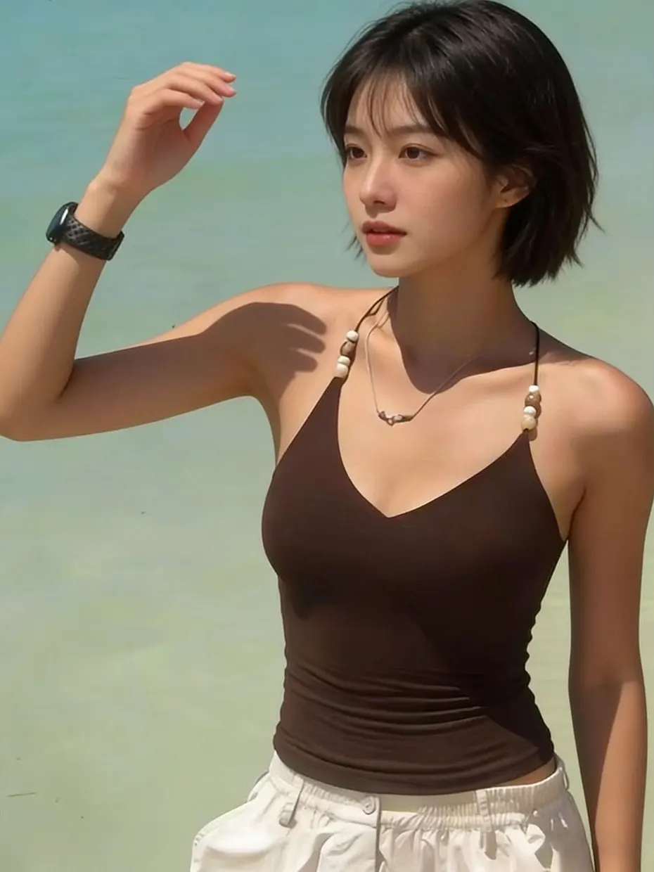 Retro Beaded Small Strap Vest Women Summer Inner Beauty Back Bra Integrated Chest Pad Outerwear Top Stylish Design Sense